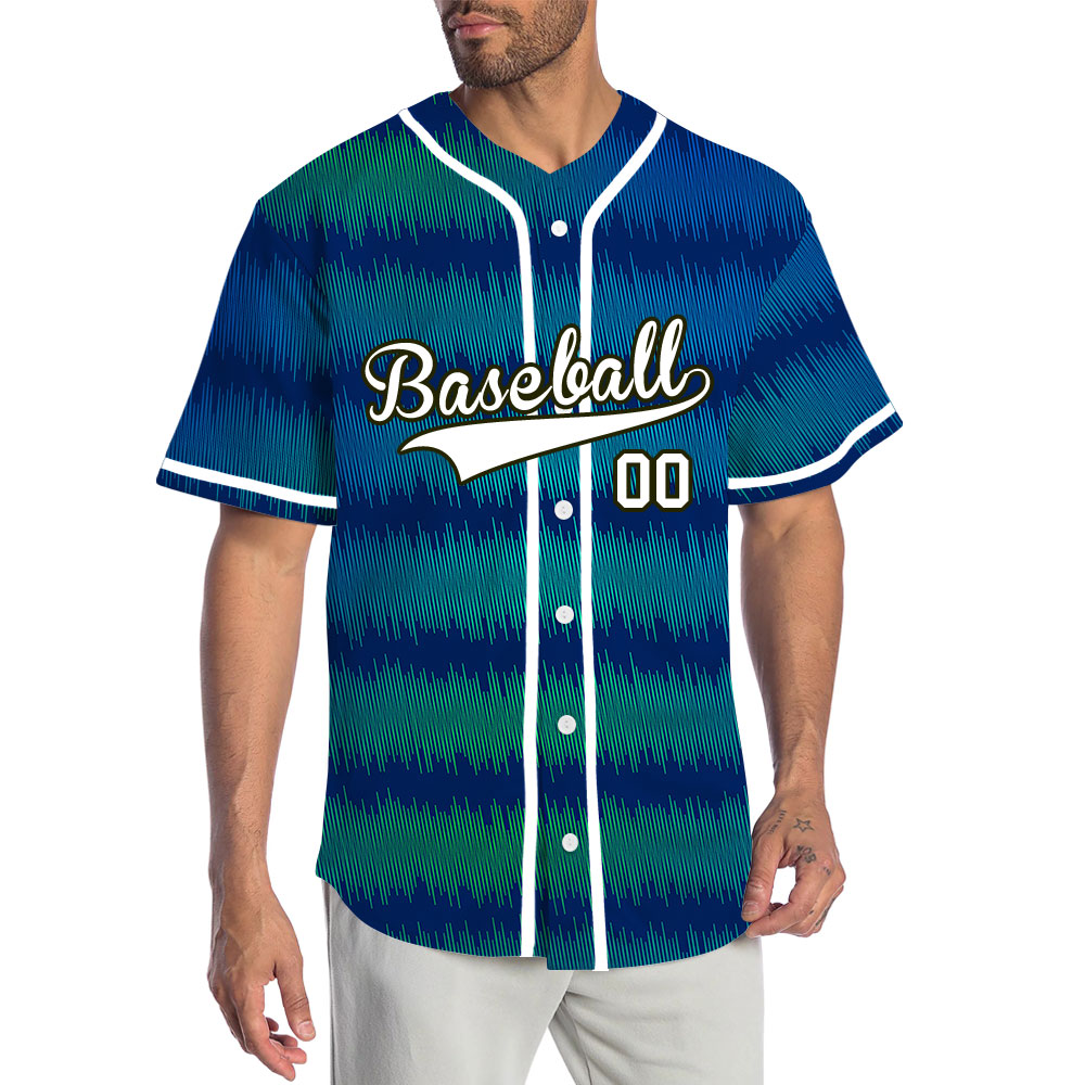 Custom Dark Blue Green Wave Grain Baseball Jersey