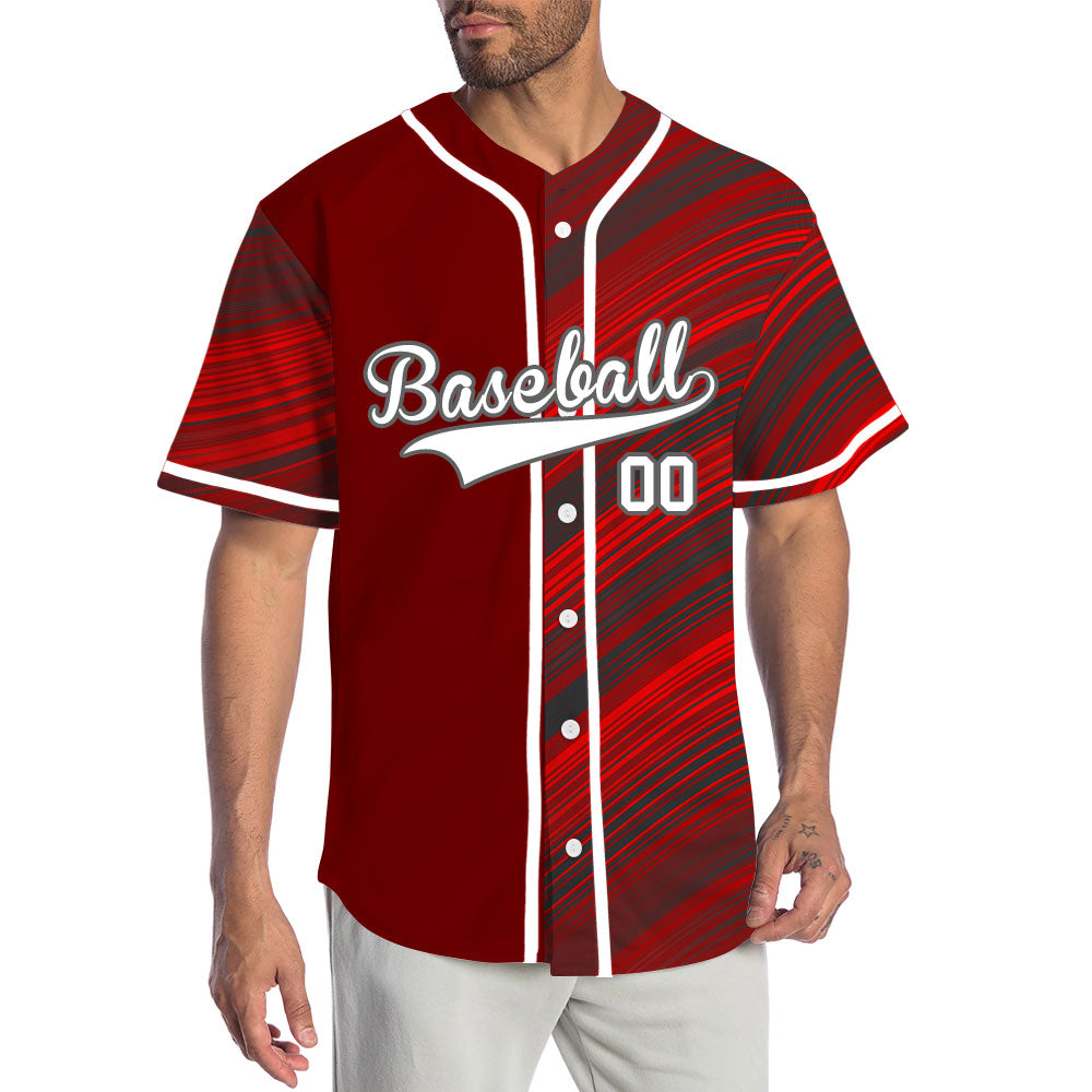Custom Dark Red Black Wavy Half Baseball Jersey