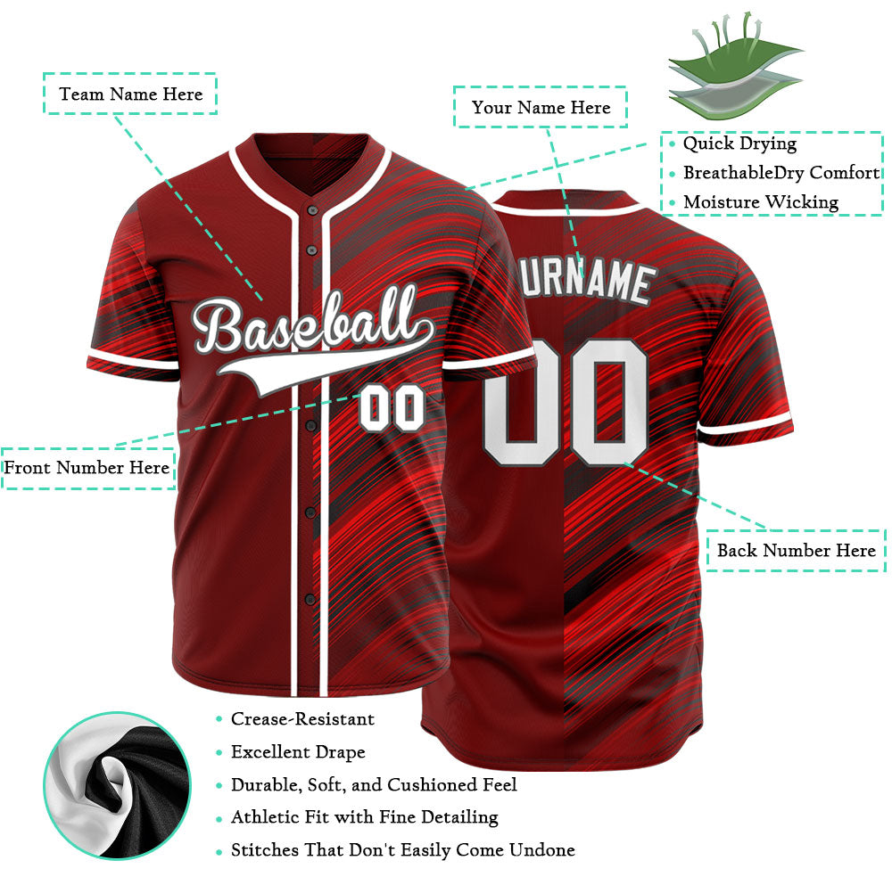 Custom Dark Red Black Wavy Half Baseball Jersey