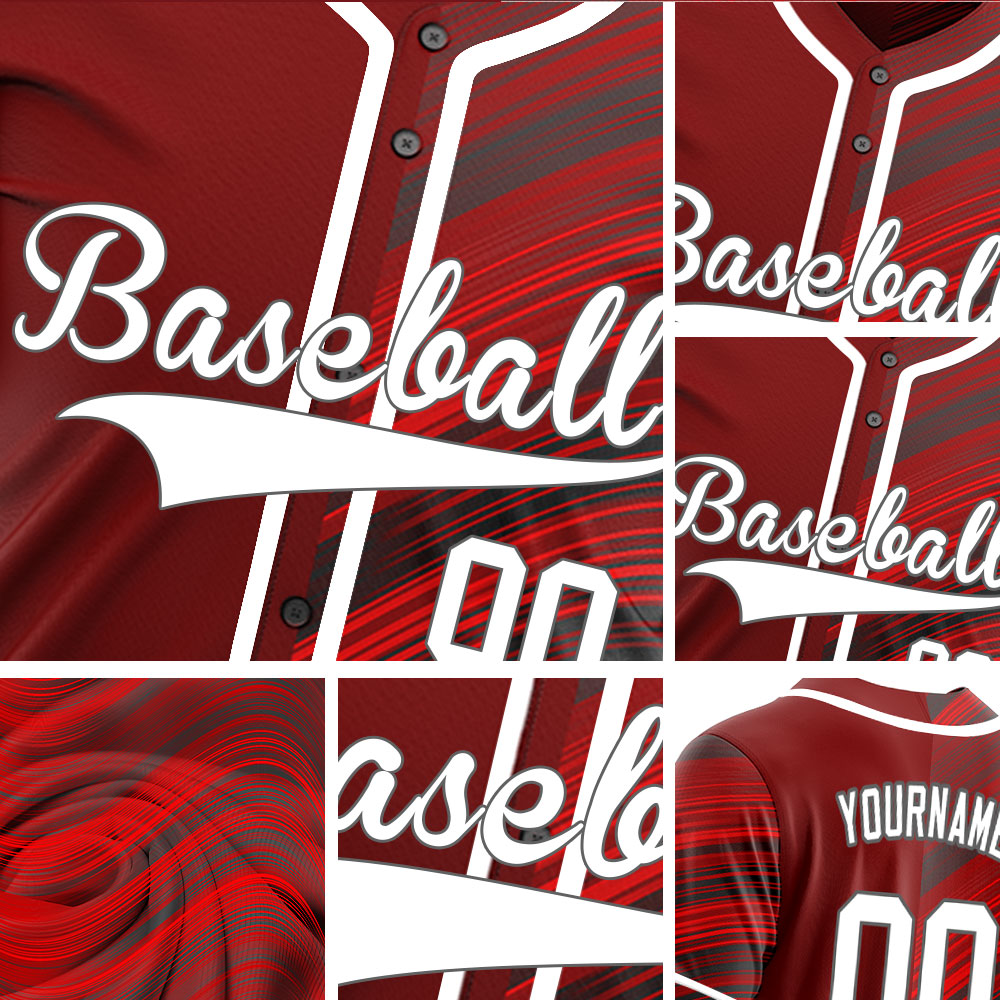 Custom Dark Red Black Wavy Half Baseball Jersey