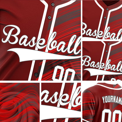 Custom Dark Red Black Wavy Half Baseball Jersey