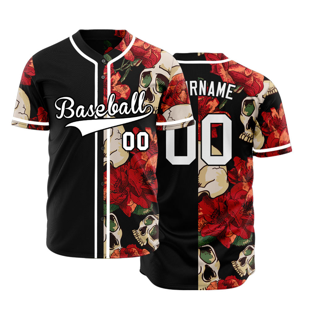 Custom Flower Skull Half Baseball Jersey