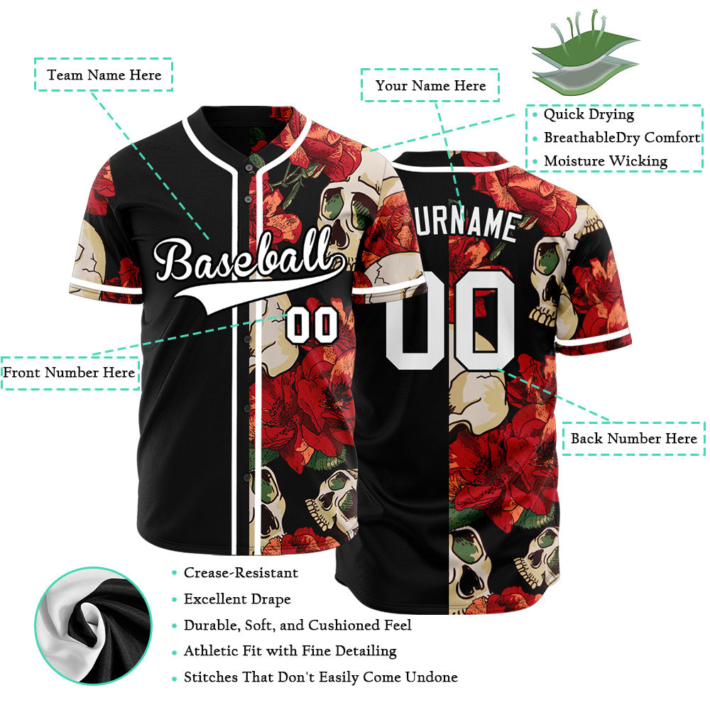 Custom Flower Skull Half Baseball Jersey
