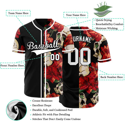 Custom Flower Skull Half Baseball Jersey