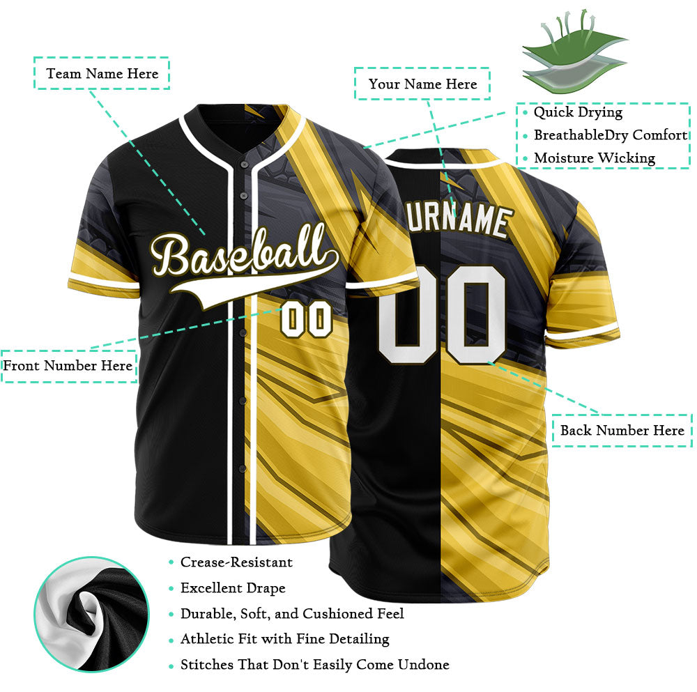Custom Gold Black Lines Half Baseball Jersey