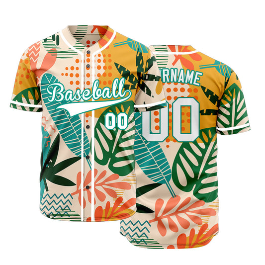 Custom Green Pink Leaves Baseball Jersey