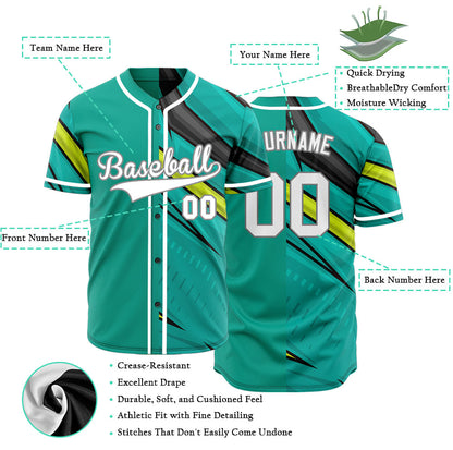 Custom Green Yellow Black Lines Half Baseball Jersey