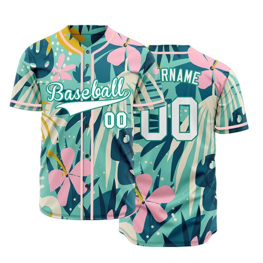 Custom GreenPink Flower Hawaiian Baseball Jersey