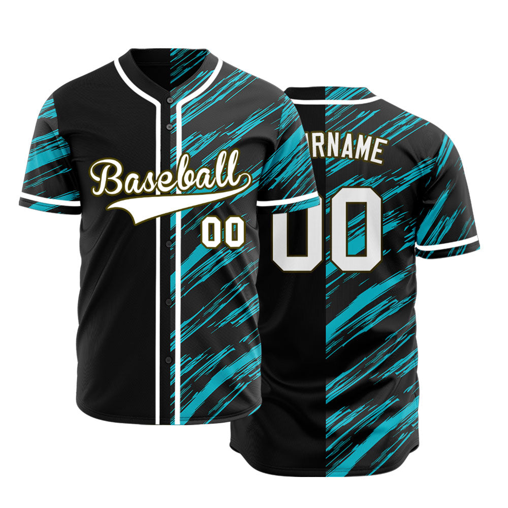 Custom Light Blue Black Slash Half Baseball Jersey
