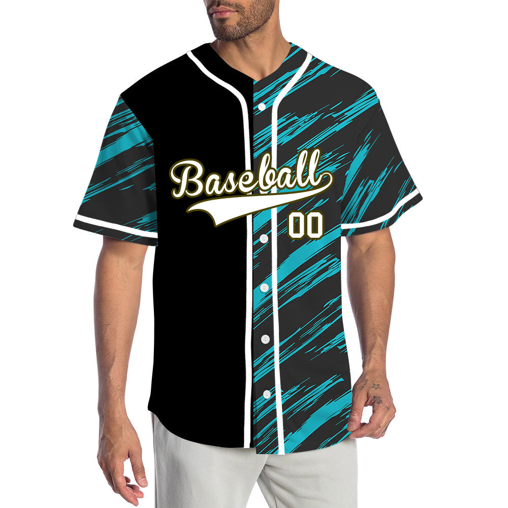 Custom Light Blue Black Slash Half Baseball Jersey