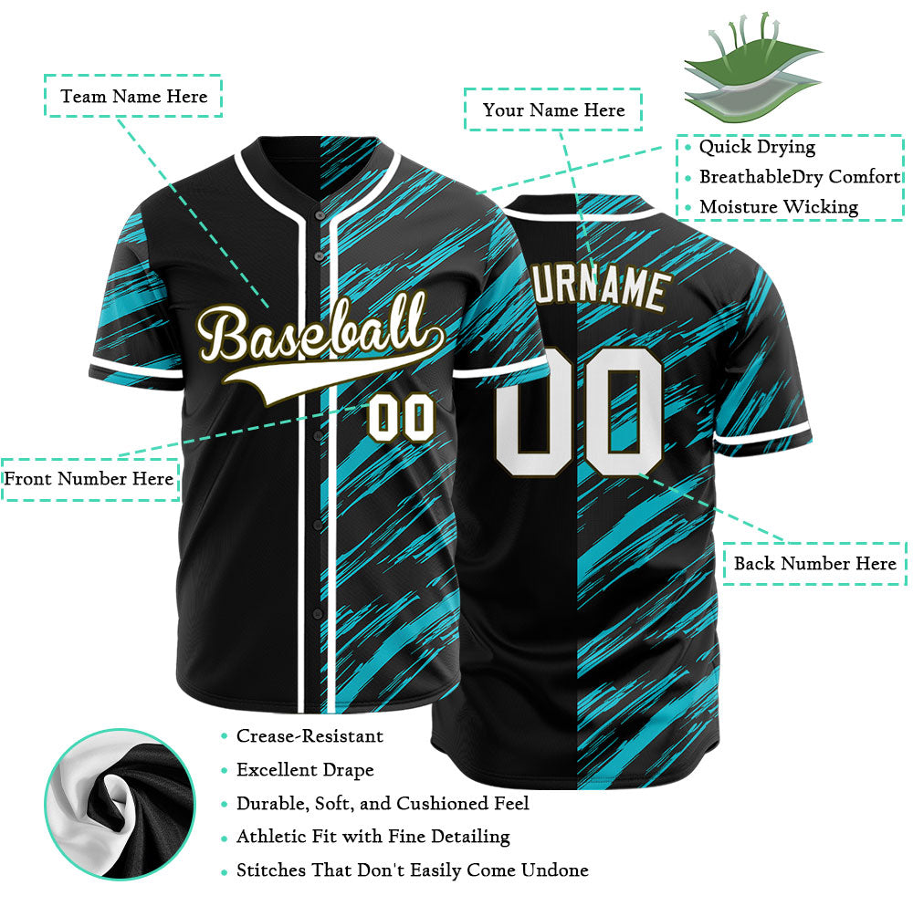Custom Light Blue Black Slash Half Baseball Jersey