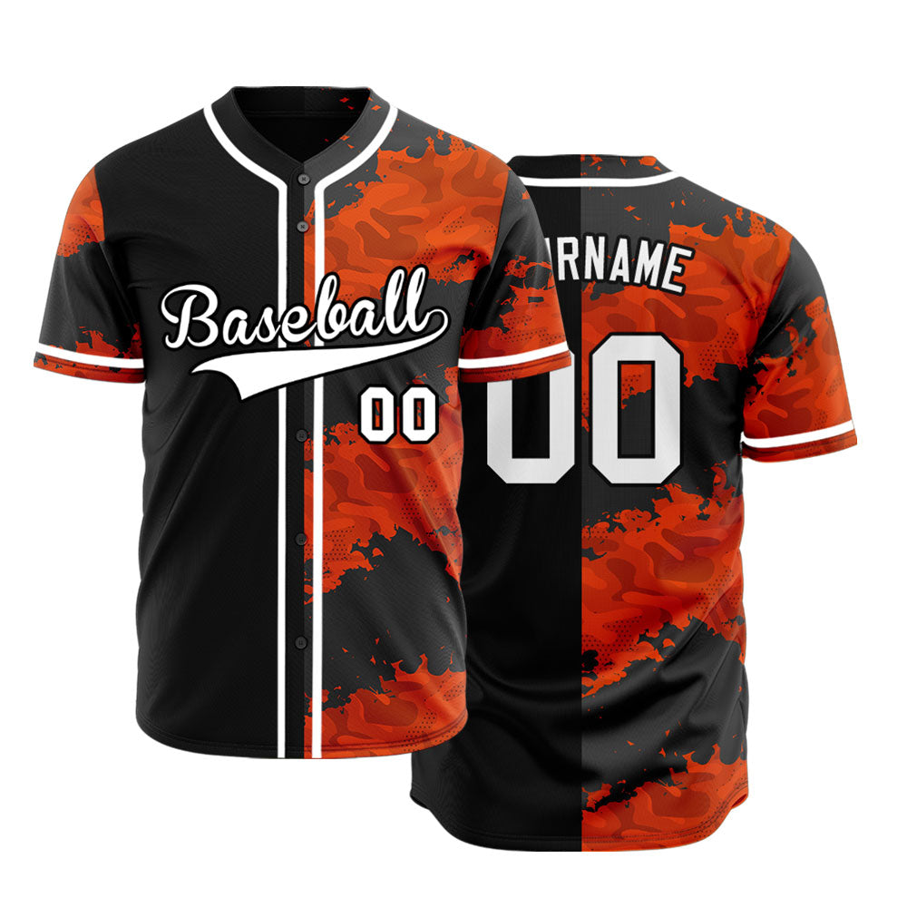 Custom Orange Black Fire Half Baseball Jersey
