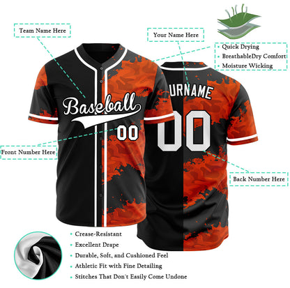 Custom Orange Black Fire Half Baseball Jersey