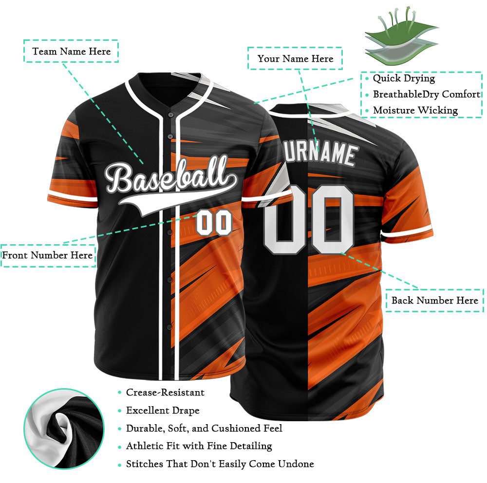 Custom Orange Black Lines Half Baseball Jersey