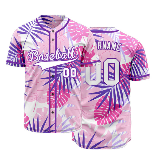 Custom Pink Purple Leaves Baseball Jersey