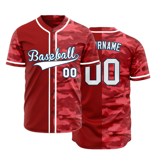 Custom Pink Red Dark Half Camouflage Baseball Jersey
