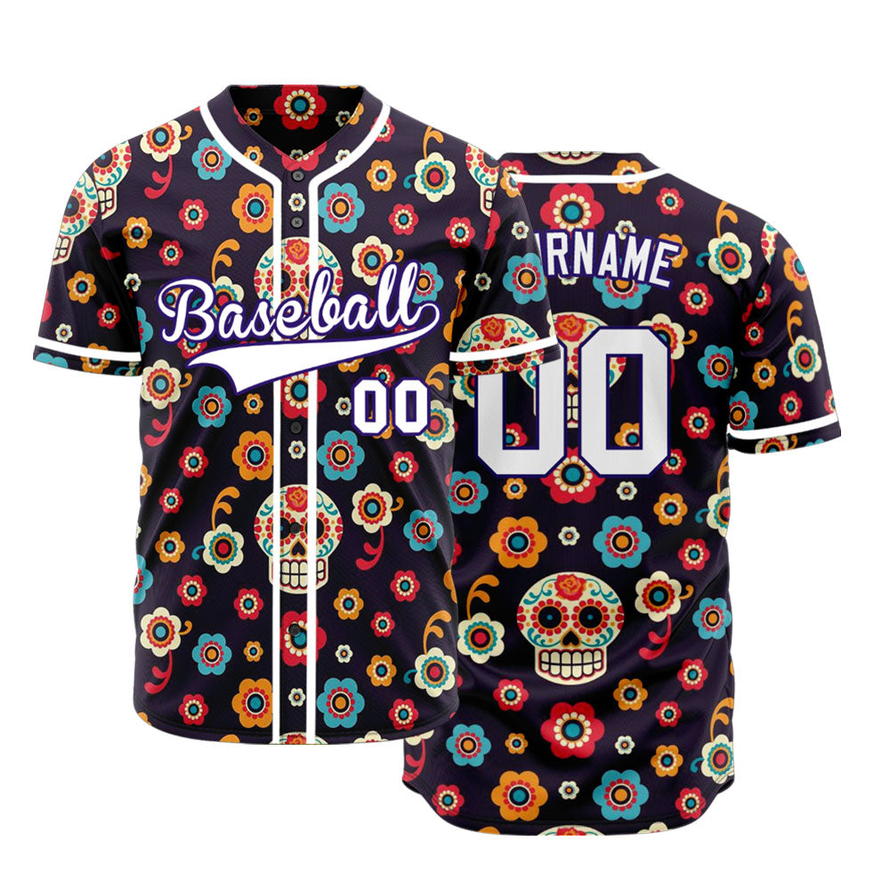 Custom Purple Flower Skull Baseball Jersey