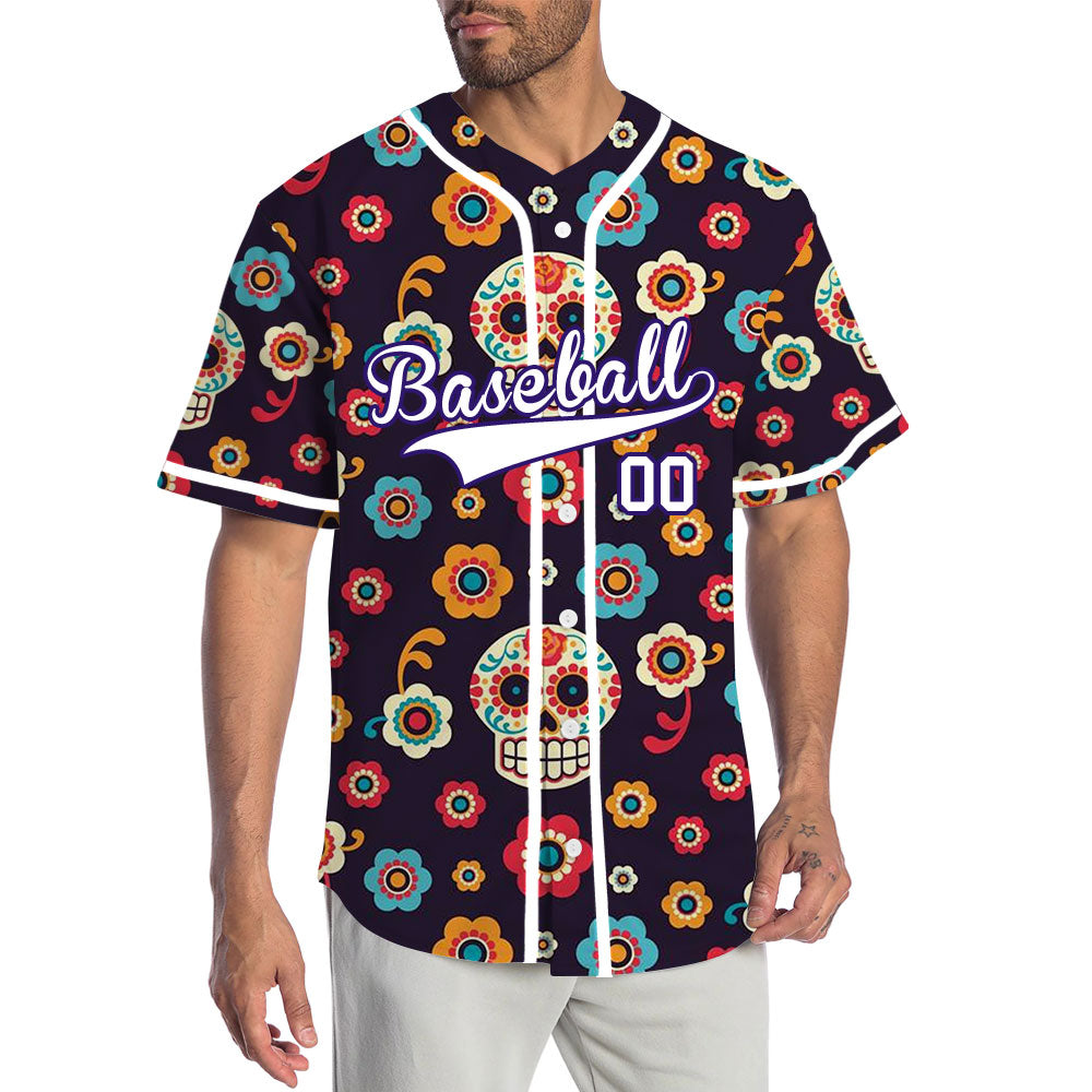 Custom Purple Flower Skull Baseball Jersey