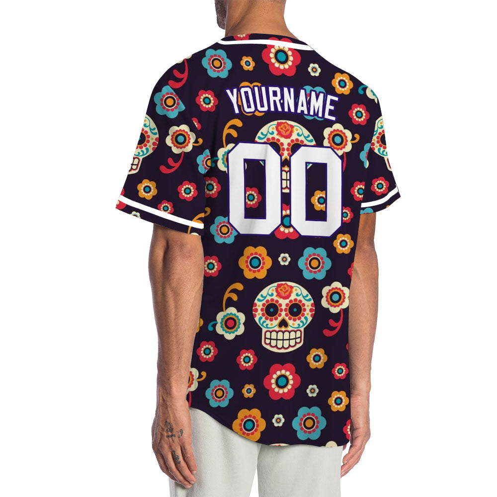 Custom Purple Flower Skull Baseball Jersey