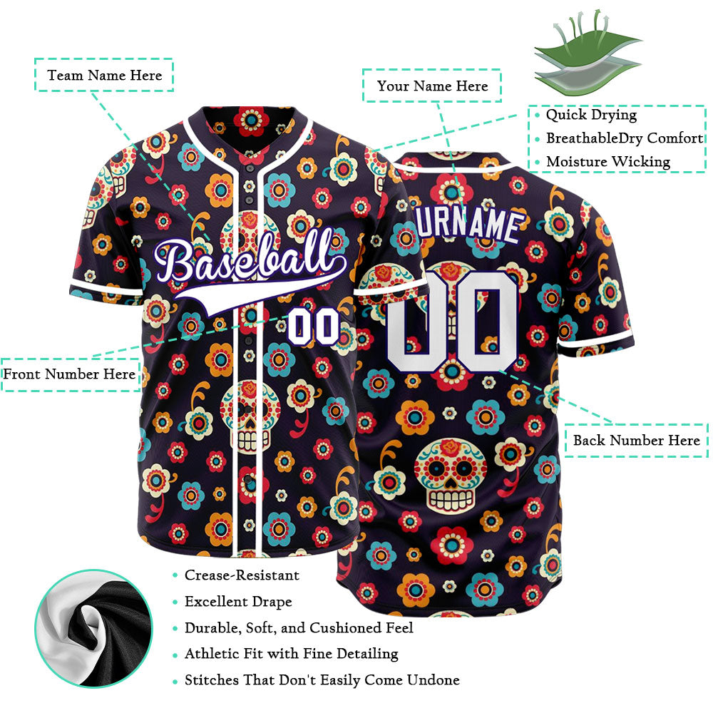 Custom Purple Flower Skull Baseball Jersey