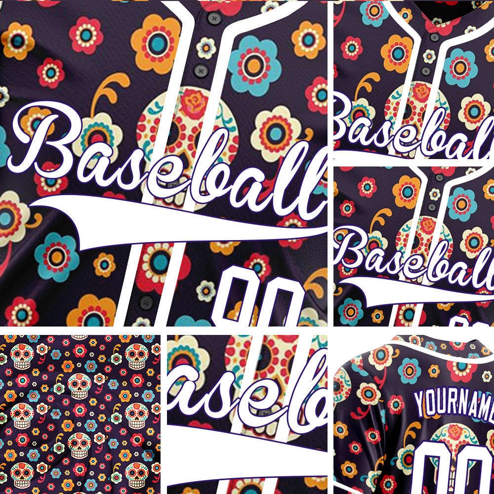 Custom Purple Flower Skull Baseball Jersey