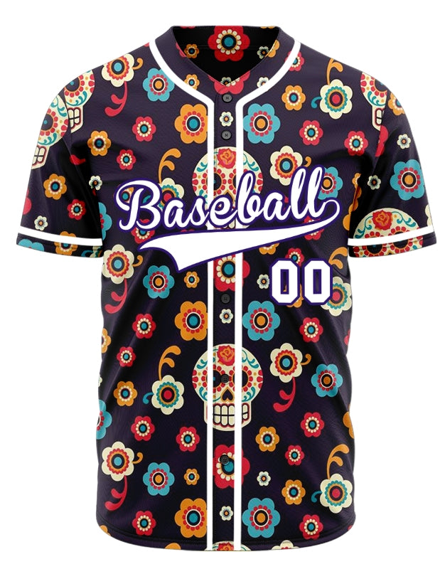 Custom Purple Flower Skull Baseball Jersey