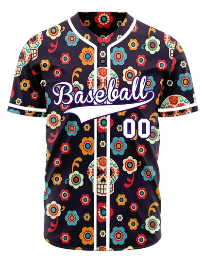 Custom Purple Flower Skull Baseball Jersey