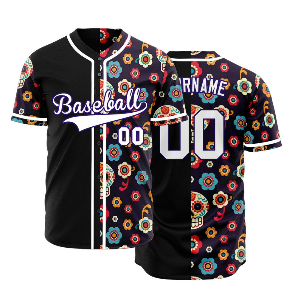 Custom Purple Flower Skull Half Baseball Jersey