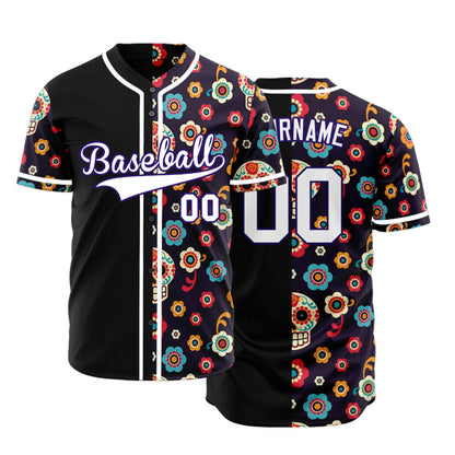 Custom Purple Flower Skull Half Baseball Jersey