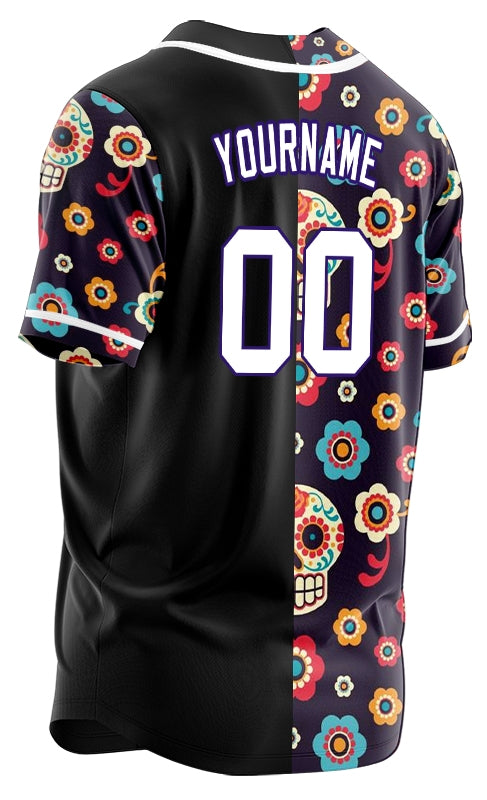 Custom Purple Flower Skull Half Baseball Jersey