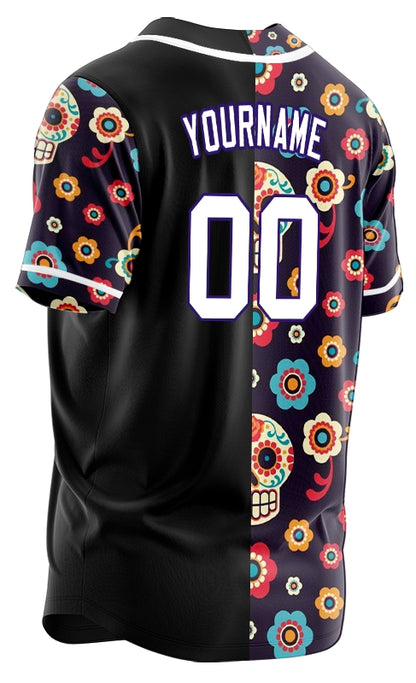 Custom Purple Flower Skull Half Baseball Jersey