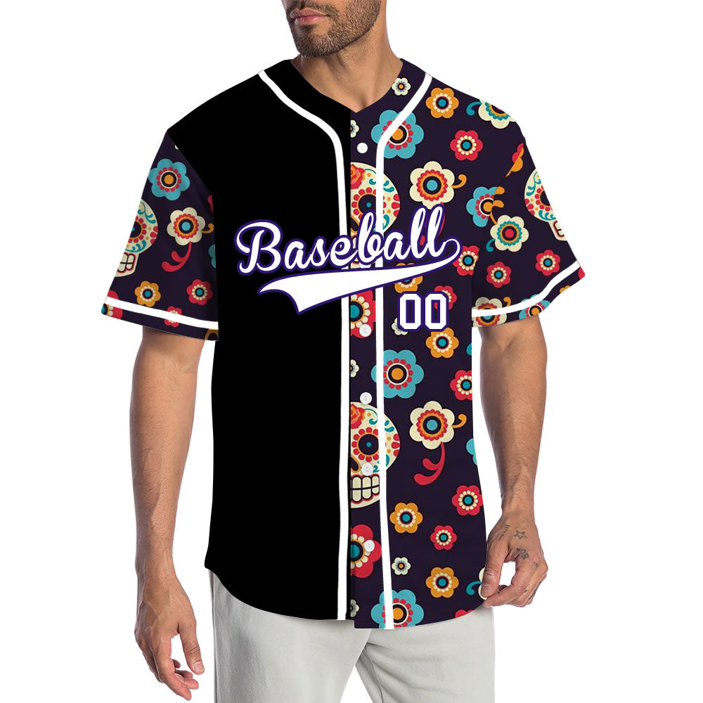 Custom Purple Flower Skull Half Baseball Jersey