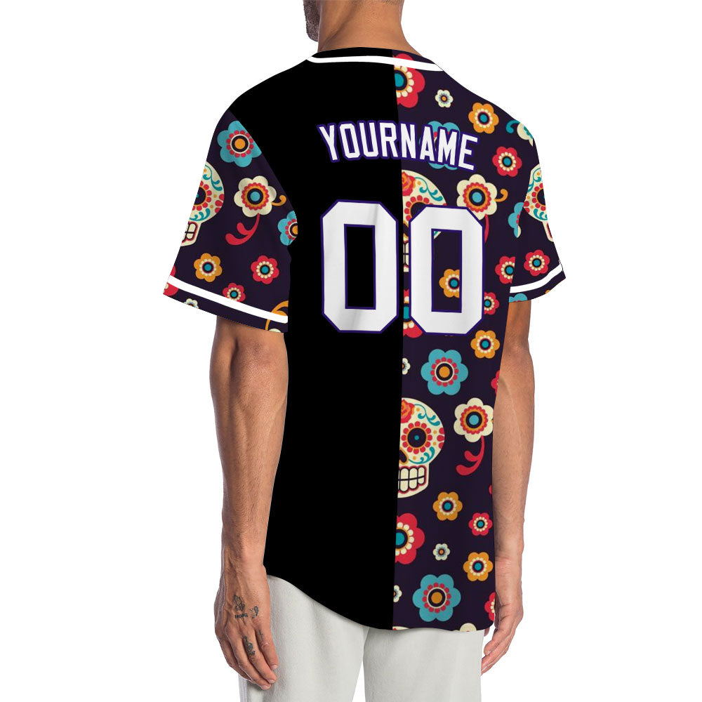 Custom Purple Flower Skull Half Baseball Jersey