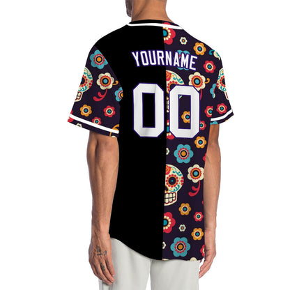 Custom Purple Flower Skull Half Baseball Jersey