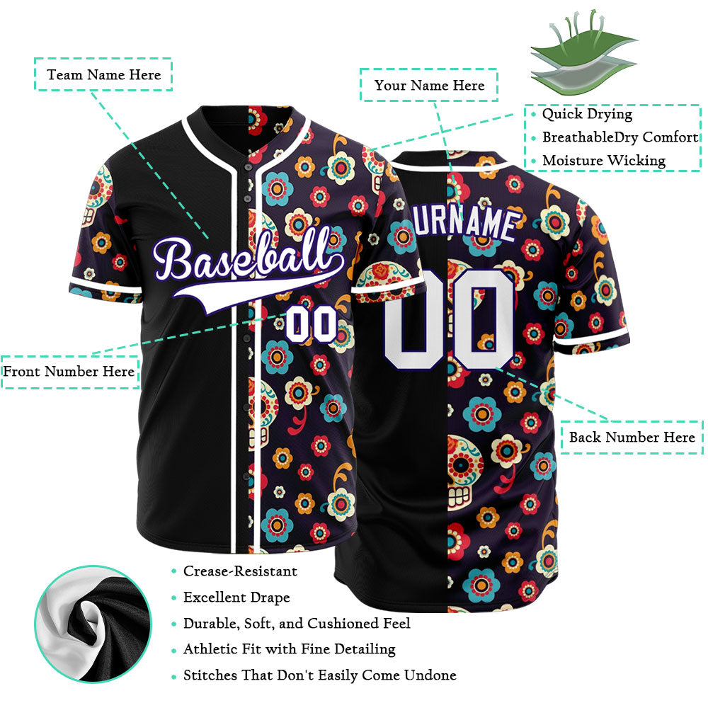 Custom Purple Flower Skull Half Baseball Jersey