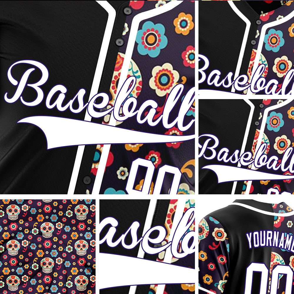 Custom Purple Flower Skull Half Baseball Jersey