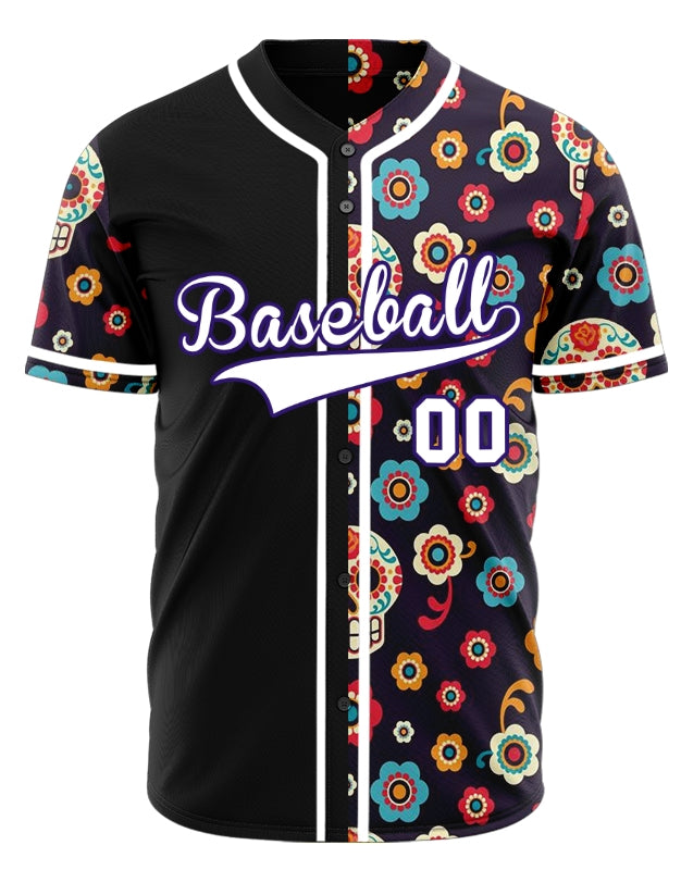 Custom Purple Flower Skull Half Baseball Jersey