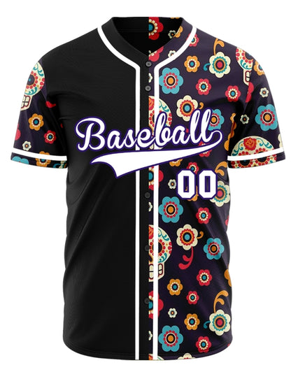 Custom Purple Flower Skull Half Baseball Jersey