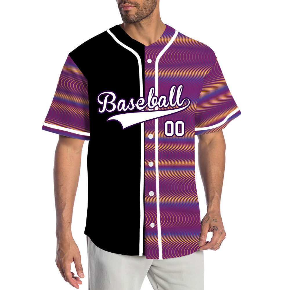 Custom Purple Orange Corrugated Line Half Baseball Jersey