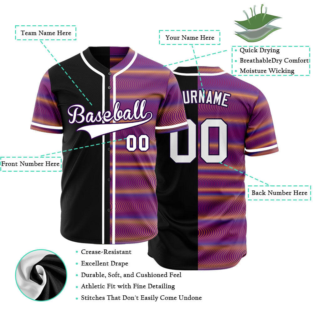 Custom Purple Orange Corrugated Line Half Baseball Jersey
