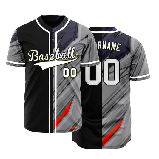 Custom Red Grey Blue Lines Half Baseball Jersey