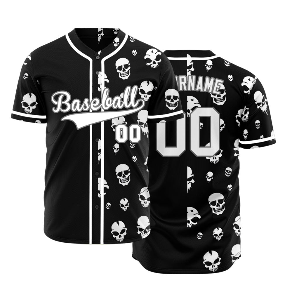 Custom Skull White And Black Half Baseball Jersey