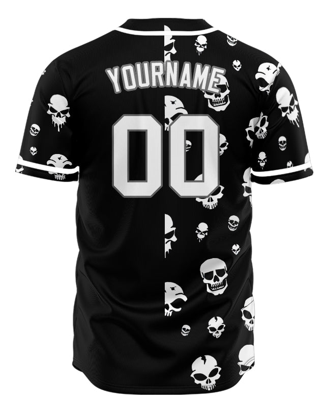 Custom Skull White And Black Half Baseball Jersey