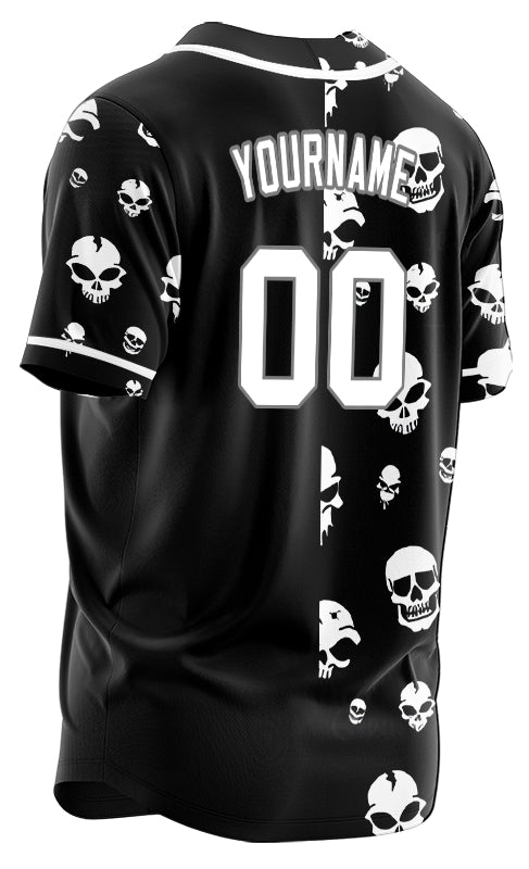 Custom Skull White And Black Half Baseball Jersey