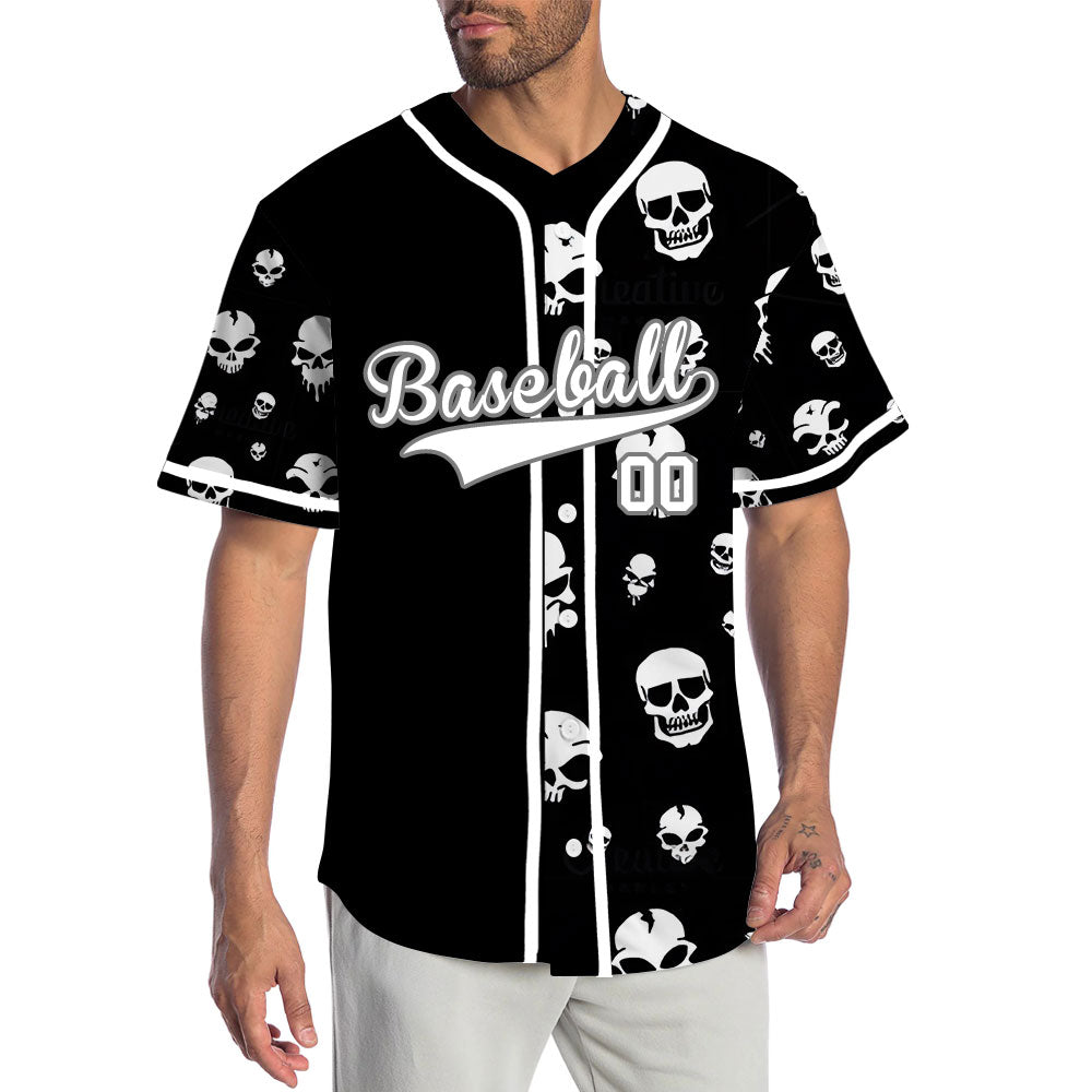 Custom Skull White And Black Half Baseball Jersey