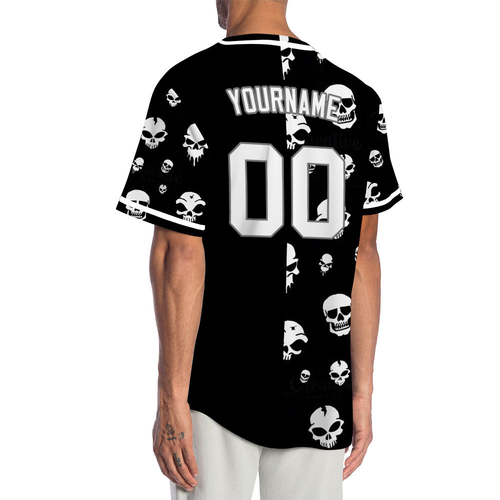 Custom Skull White And Black Half Baseball Jersey