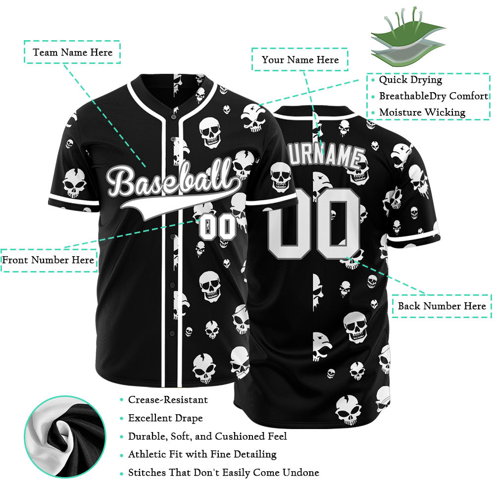 Custom Skull White And Black Half Baseball Jersey