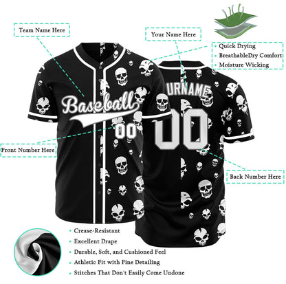 Custom Skull White And Black Half Baseball Jersey
