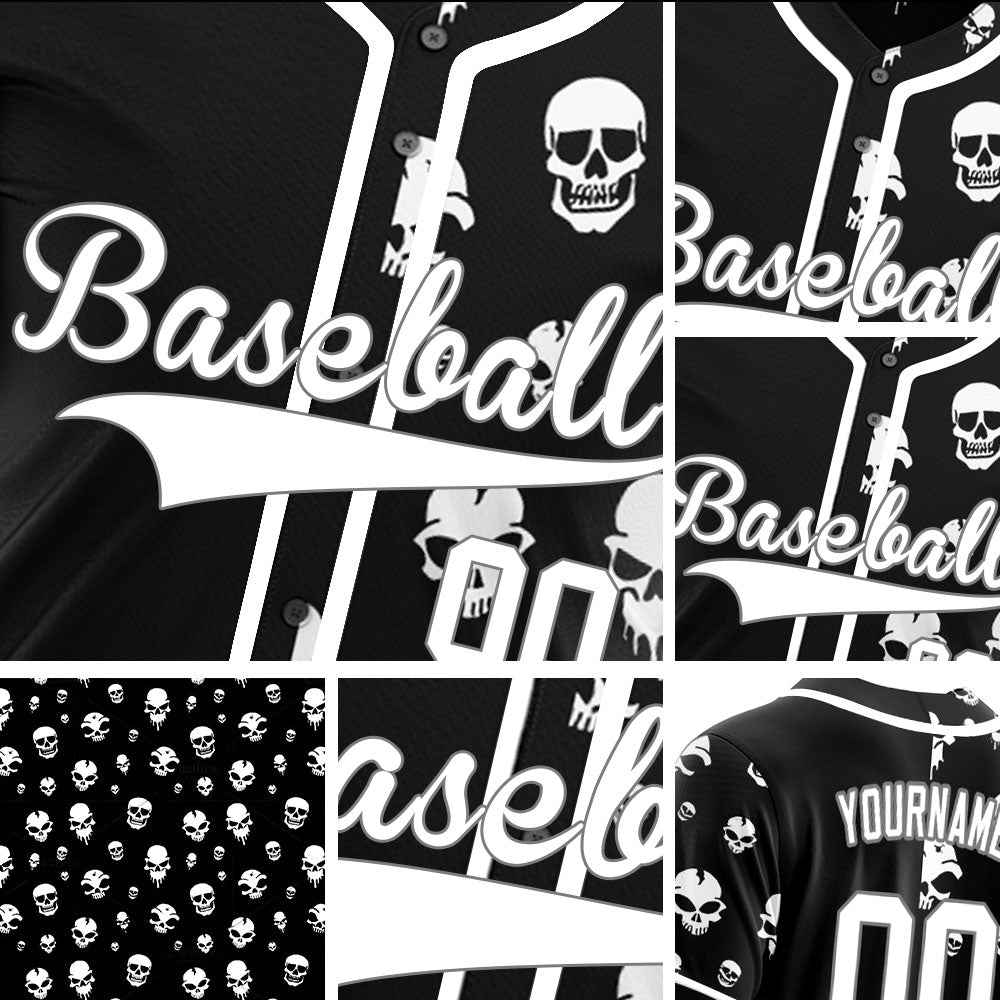 Custom Skull White And Black Half Baseball Jersey