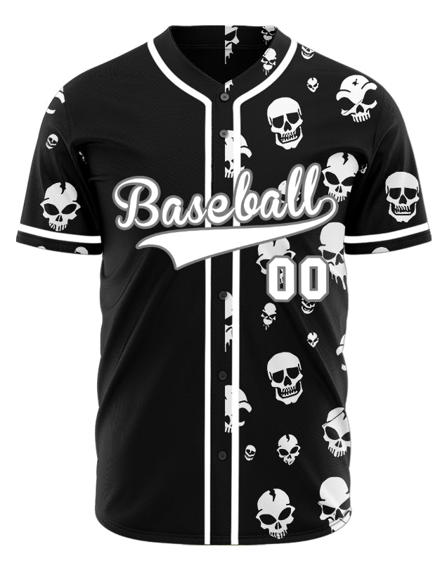 Custom Skull White And Black Half Baseball Jersey